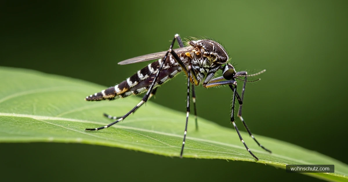 Asiatische Tigermücke mit charakteristischen schwarz-weißen Streifen auf einem Blatt