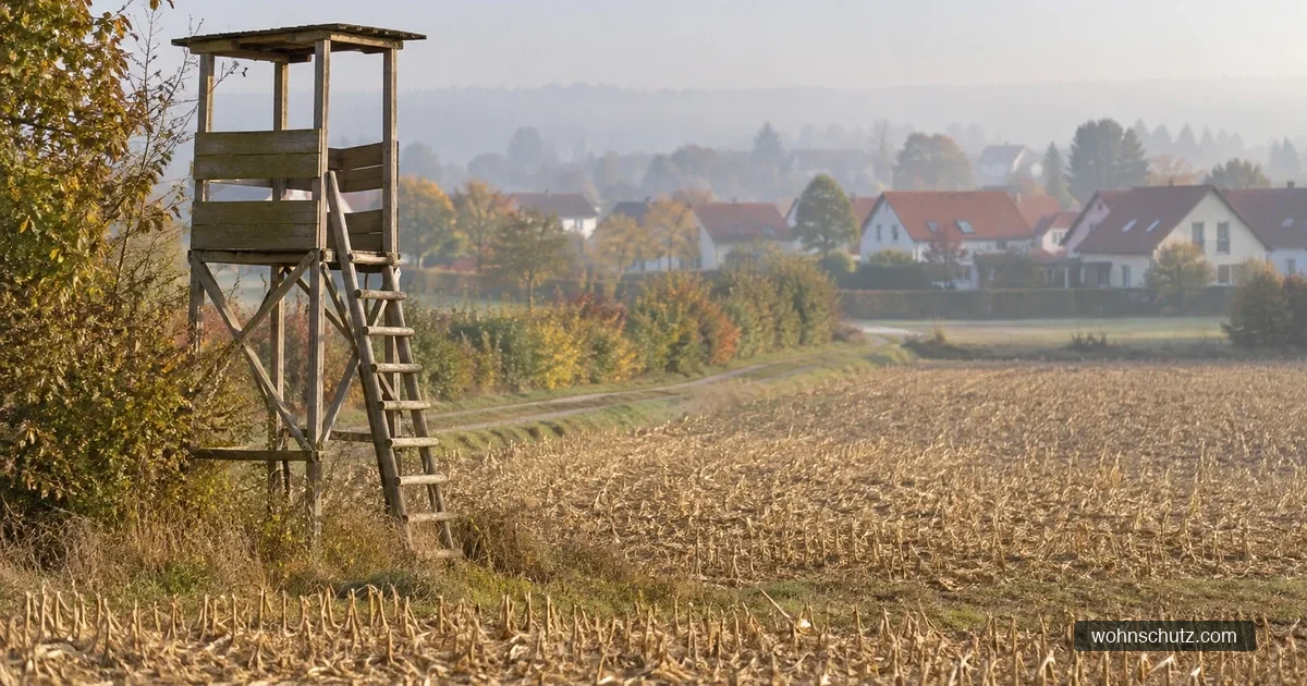 Hölzerner Hochsitz am Rand eines Stoppelfelds, dahinter Gartenzäune und Einfamilienhäuser einer Siedlung im Herbst