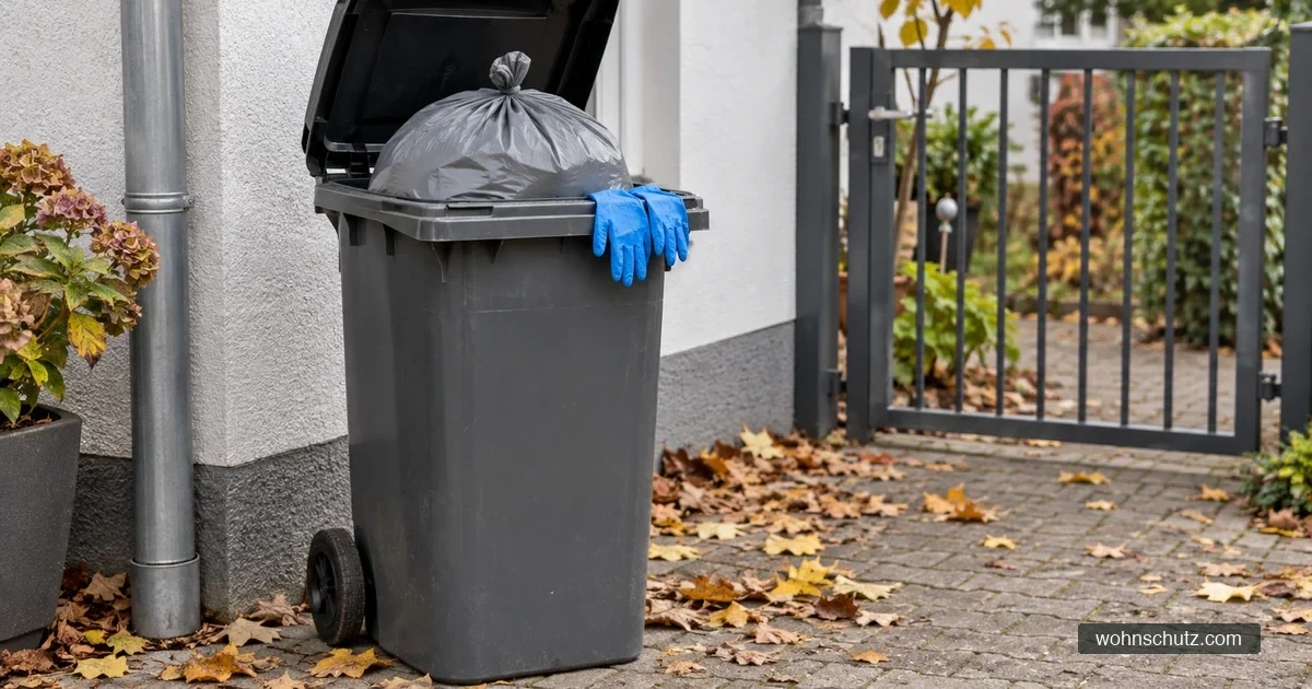 Graue Restmülltonne mit geöffnetem Deckel an einer Hauswand neben einem Gartentor, obenauf ein fest verknoteter Beutel, auf dem Rand ein Paar blaue Einweghandschuhe