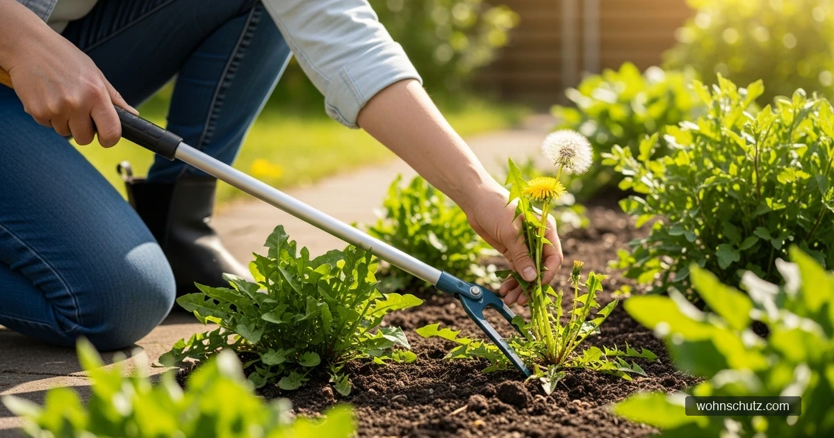 Person entfernt Unkraut mit einem Unkrautstecher aus einem Gartenbeet an einem sonnigen Tag