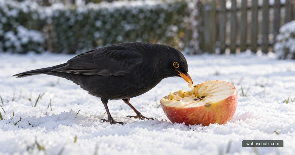 Amsel an einem halbierten Apfel auf einer übersichtlichen Futterstelle im Schnee