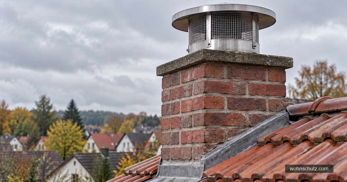 Gemauerter Hausschornstein mit Edelstahl-Abdeckhaube auf einem deutschen Ziegeldach