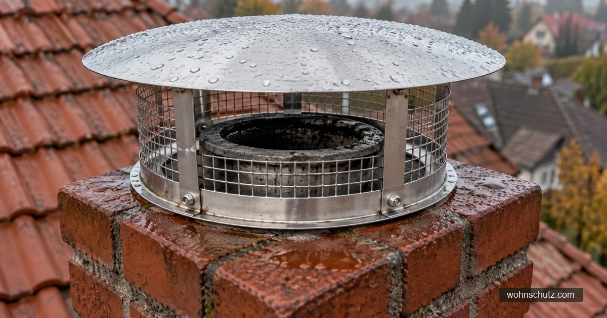 Edelstahl-Abdeckhaube auf einem gemauerten Schornstein eines deutschen Ziegeldachs