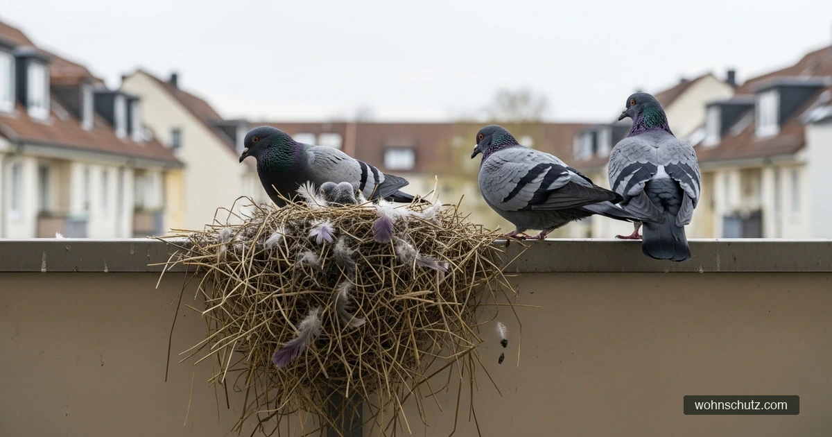 Tauben-Nest unter Balkongeländer – Quelle von Vogelmilben-Befall in Wohnungen mit sichtbaren Tauben