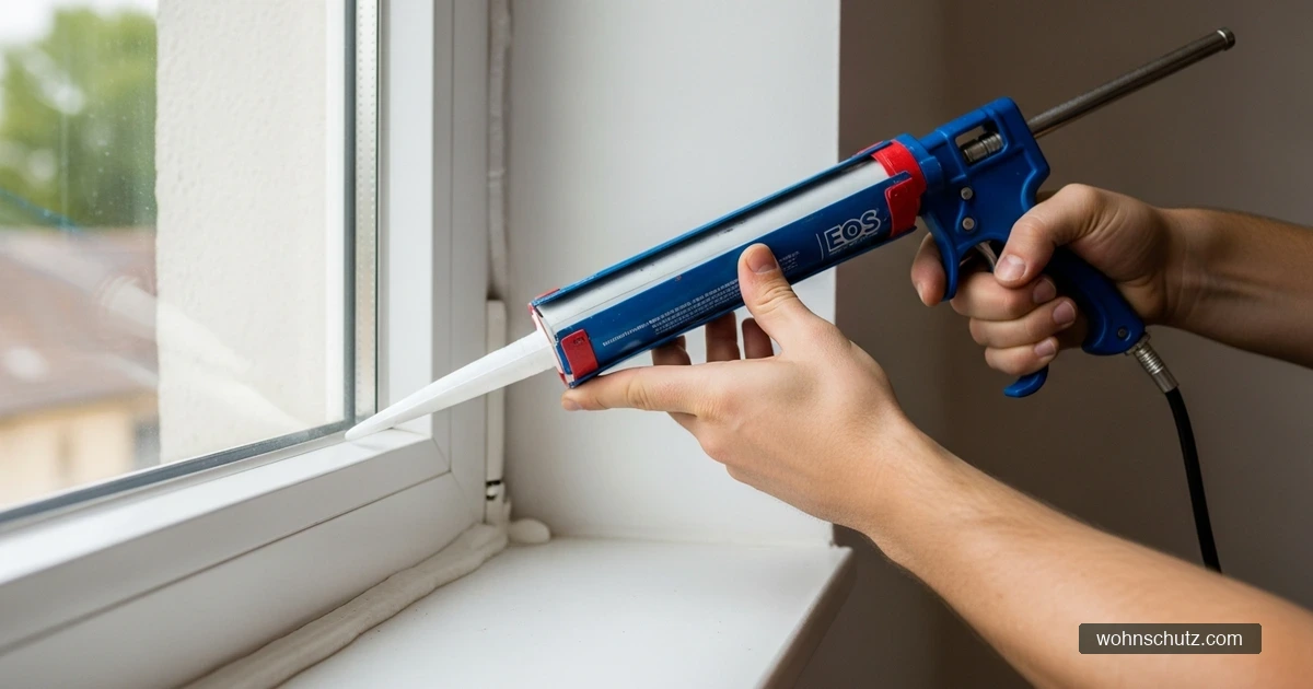 Handwerker dichtet Fensterfuge mit Silikon ab – Schutzmaßnahme gegen Vogelmilben-Eindrингung aus Nestbereich