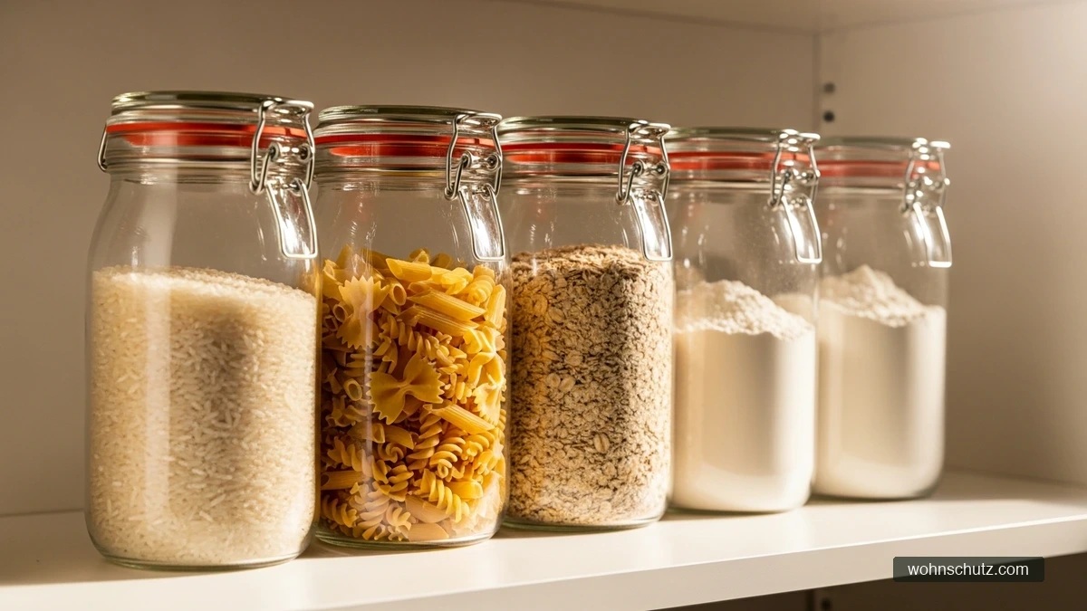 Ordentliche Vorratskammer mit beschrifteten Glasbehältern verschiedener Größen – Mehl, Reis, Hülsenfrüchte und Gewürze übersichtlich gelagert