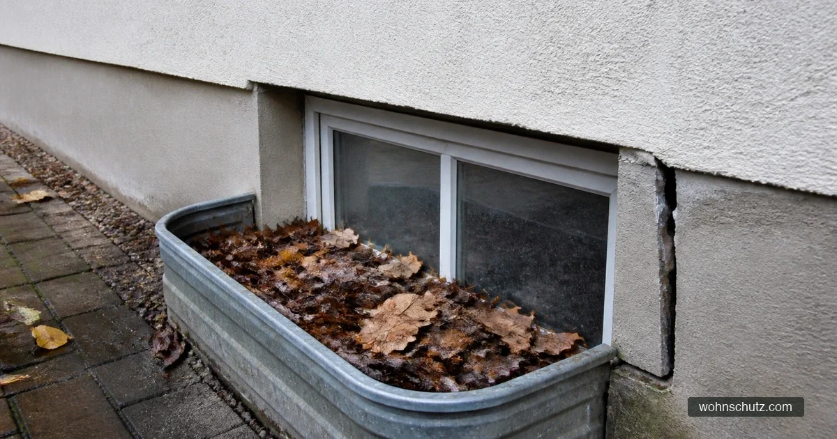 Kellerfenster mit laubgefülltem Lichtschacht an einer deutschen Putzfassade im Oktober – typischer Zugangsweg für Mäuse im Herbst