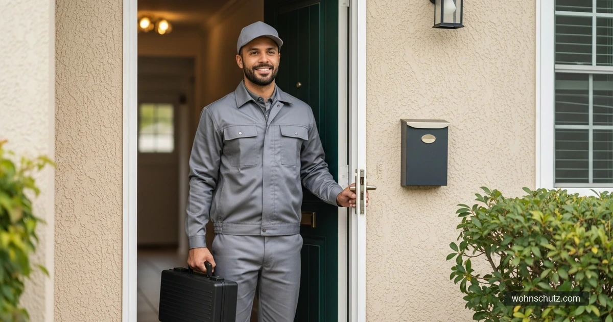 Professioneller Schädlingsbekämpfer in Arbeitskleidung mit Servicekoffer vor einem Wohnhaus
