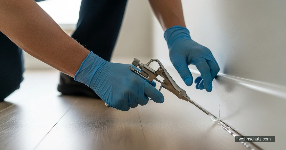 Schädlingsbekämpfer behandelt mit Handschuhen eine Fußleiste in einem hellen Raum