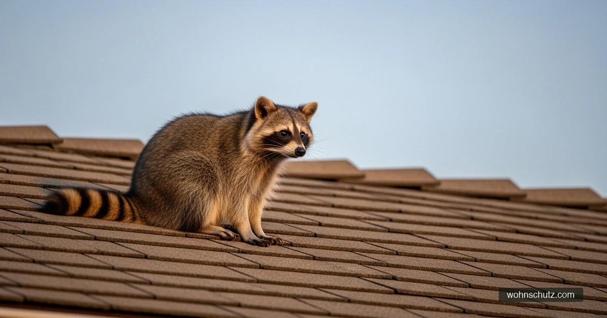 Waschbär sitzt in der Dämmerung auf dem First eines Wohnhausdachs