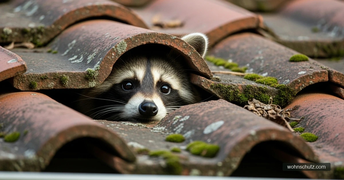 Waschbär schaut aus einer Öffnung unter den Dachziegeln eines Hauses heraus