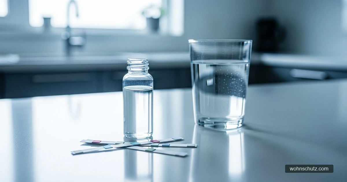 Wasserteststreifen und eine Probenflasche mit Leitungswasser auf einer hellen Küchenarbeitsplatte