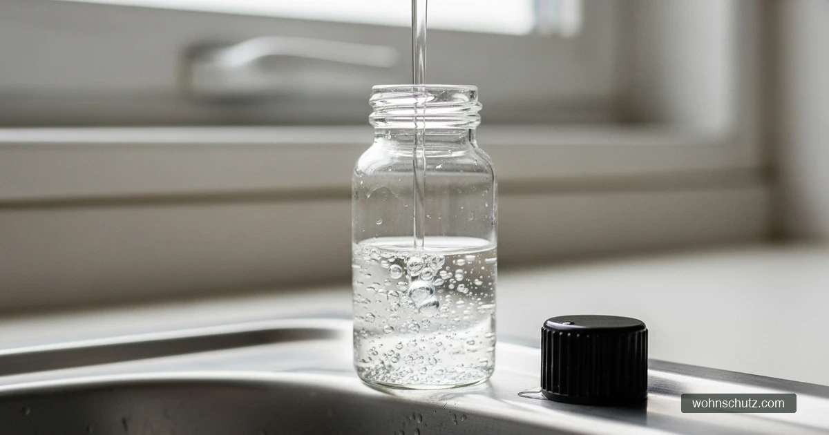 Eine Glas-Probenflasche mit abgeschraubtem Deckel wird am Küchenhahn randvoll mit Leitungswasser gefüllt
