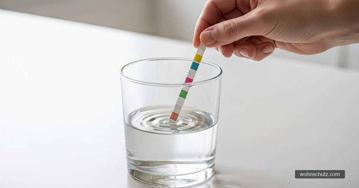 Ein Wasserteststreifen mit farbigen Feldern wird neben einem Glas Leitungswasser mit der Farbskala verglichen