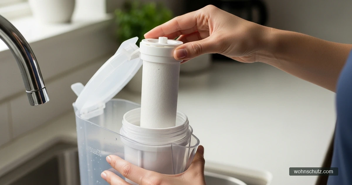 Hand tauscht die Filterkartusche einer Wasserfilterkanne über der Küchenspüle aus