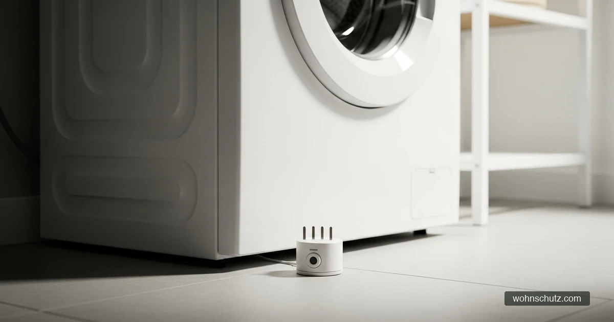 Kleiner Wassermelder mit Sensorkontakten auf dem Boden neben einer Waschmaschine im Hauswirtschaftsraum