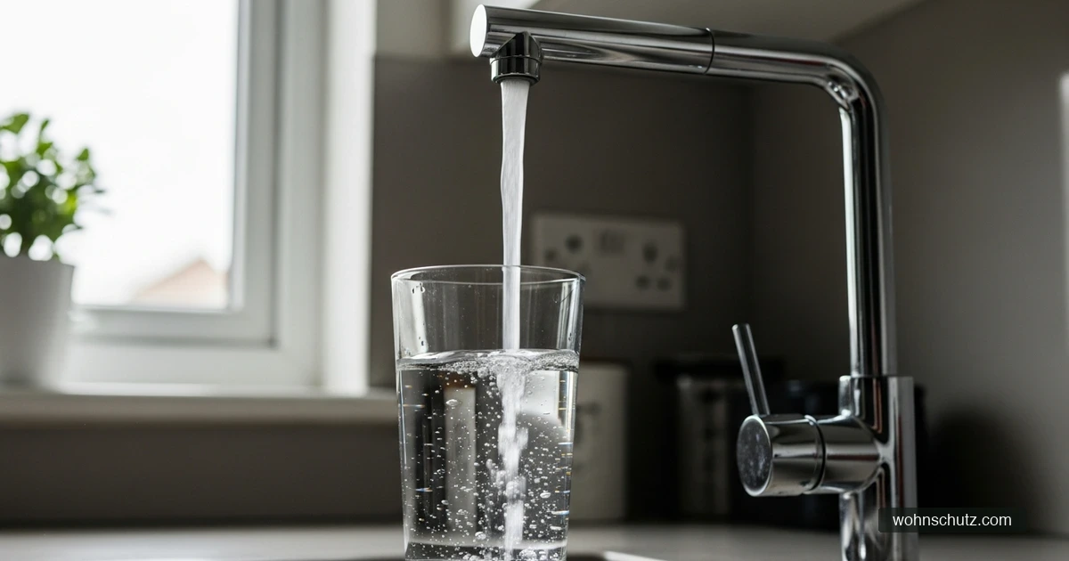 Glas mit klarem Leitungswasser wird an einem Küchenhahn in Deutschland gefüllt