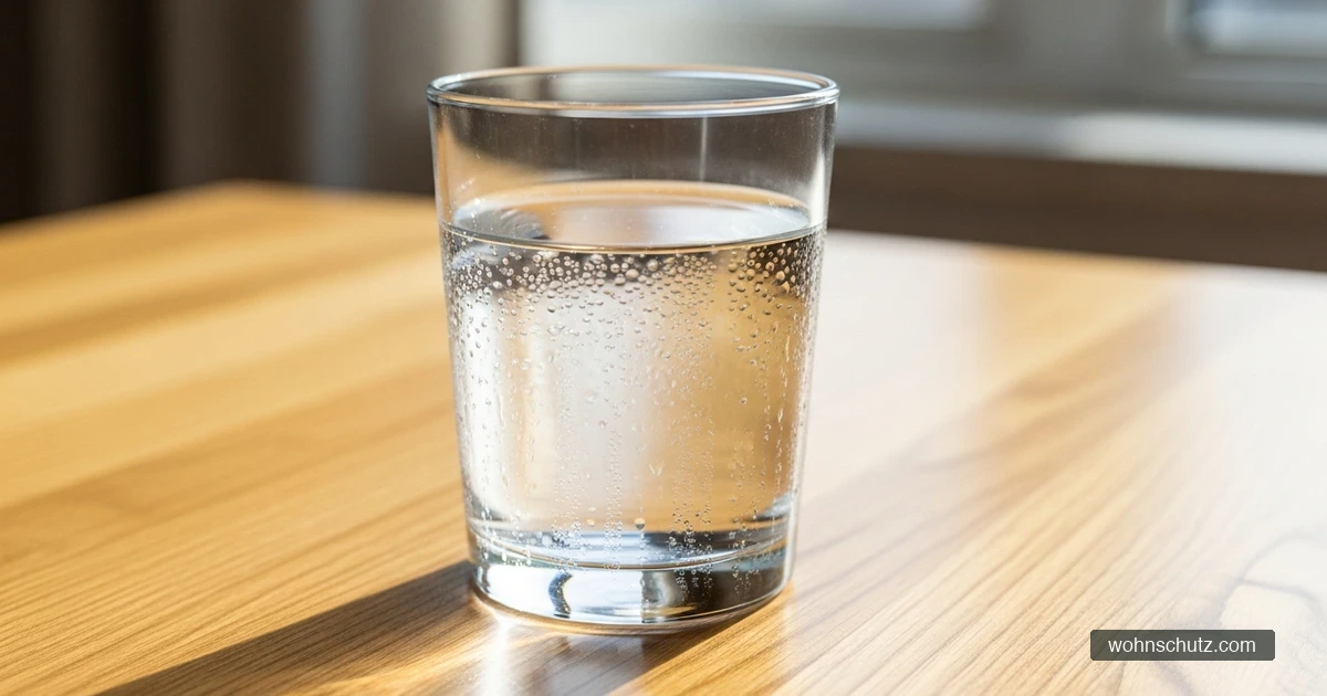 Ein gefülltes Glas klares Leitungswasser steht auf einem hellen Küchentisch am Fenster