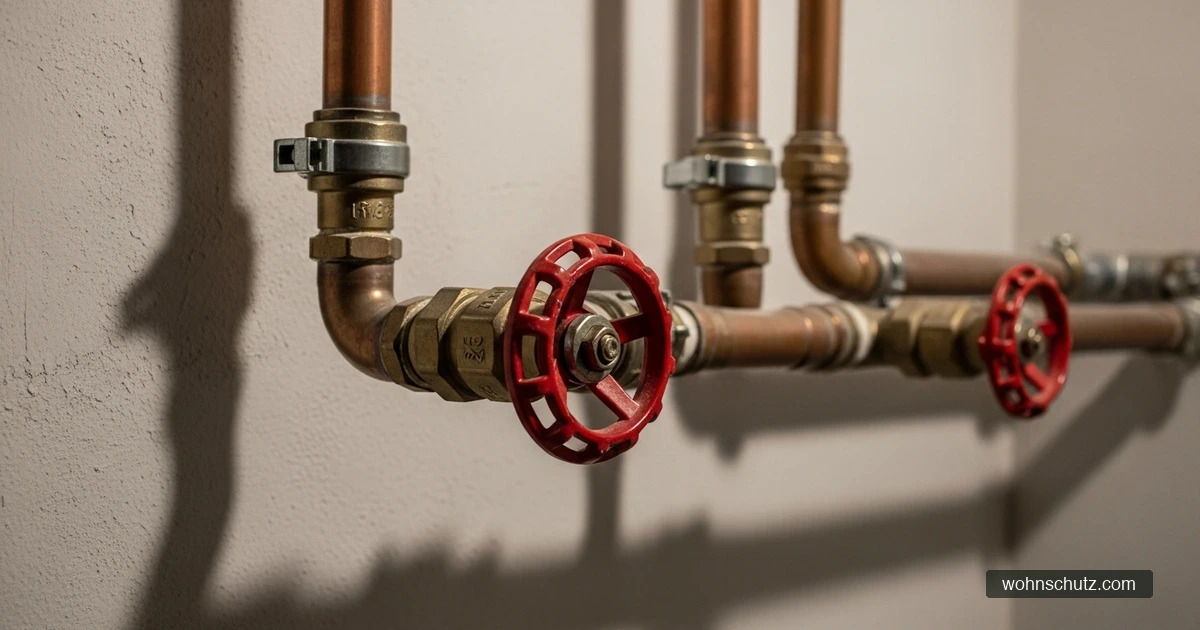 Wasserleitungen mit rotem Absperrhahn der Hausinstallation in einem Kellerraum