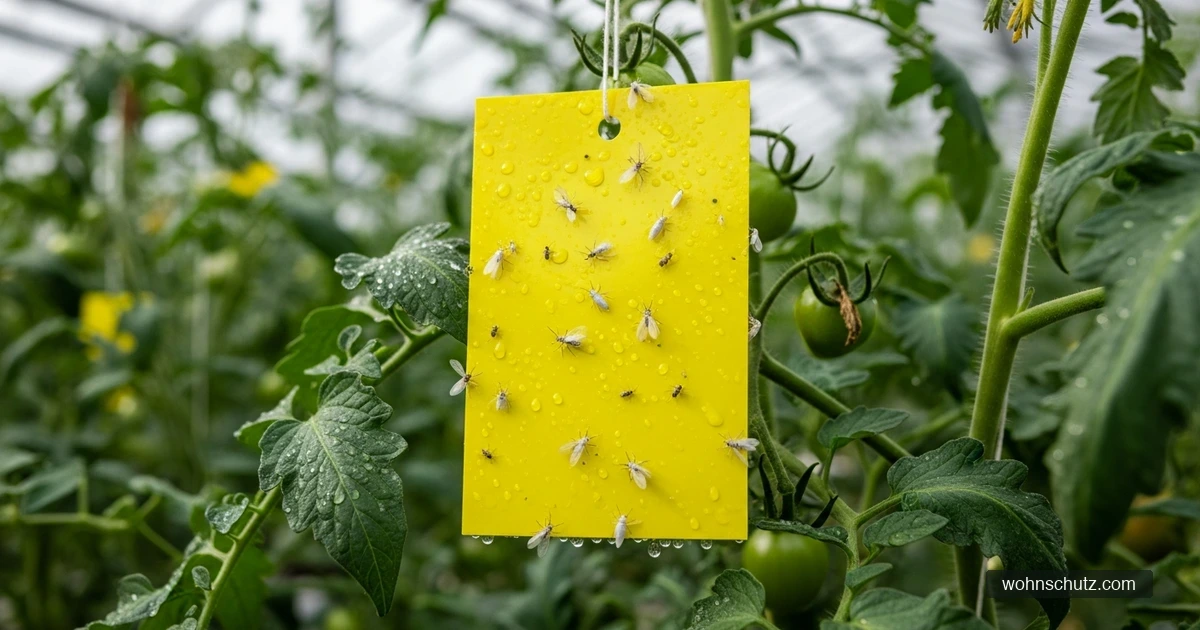 Gelbe Leimtafel zwischen Tomatenpflanzen im Gewächshaus zum Fang von Weißen Fliegen