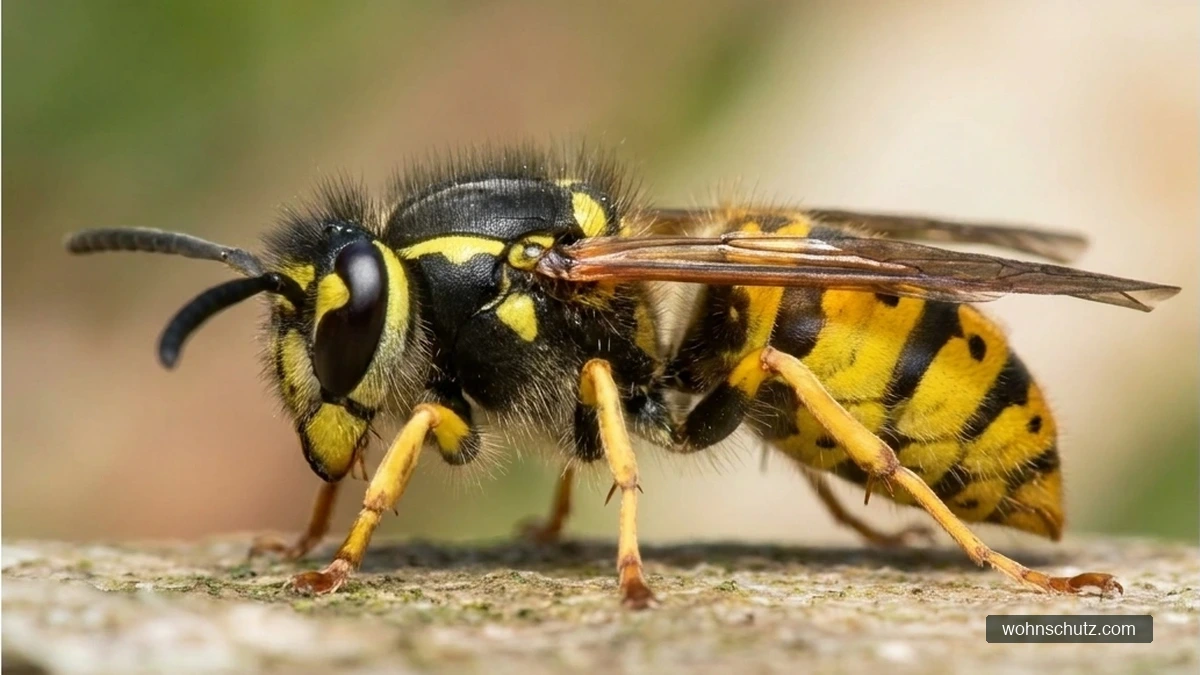 Gemeine Wespe (Vespula vulgaris) in Seitenansicht – kontrastreich schwarz-gelbe Zeichnung, schwarzer Kopf mit gelben Flecken