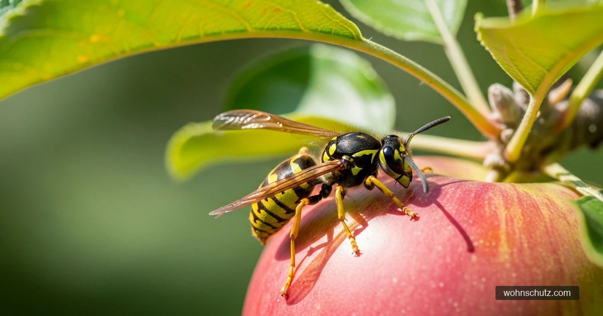 Wespe (Vespula vulgaris) auf einem Apfel im Garten – typische Begegnungssituation mit Stichrisiko