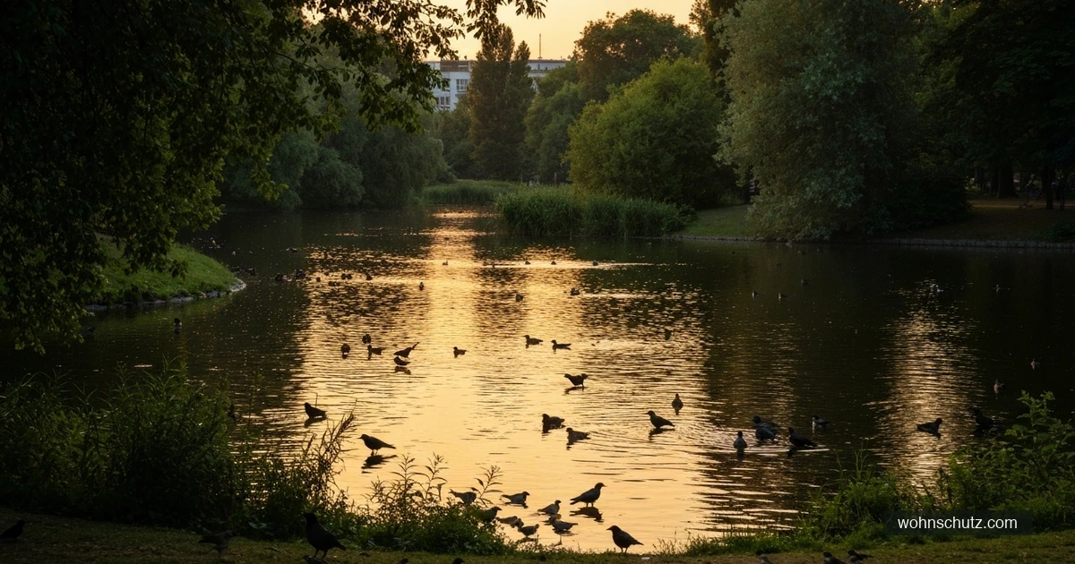 Berliner Park mit Teich im Sommer – Brutstätte für Culex-Mücken und West-Nil-Virus-Risikogebiet