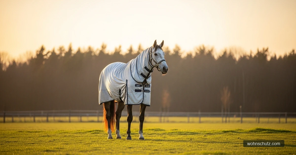 Pferd auf der Weide in der Dämmerung mit Fliegendecke – Schutz vor Mücken als West-Nil-Virus-Überträger