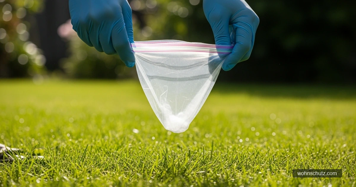 Hände mit blauen Nitril-Einweghandschuhen halten eine umgestülpte Plastiktüte im Garten – hygienische Bergung