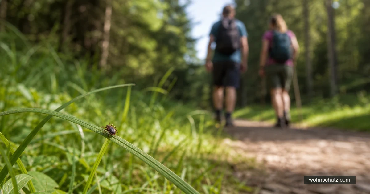 Zecke an einem Grashalm am bayerischen Waldweg mit Wanderern im Hintergrund