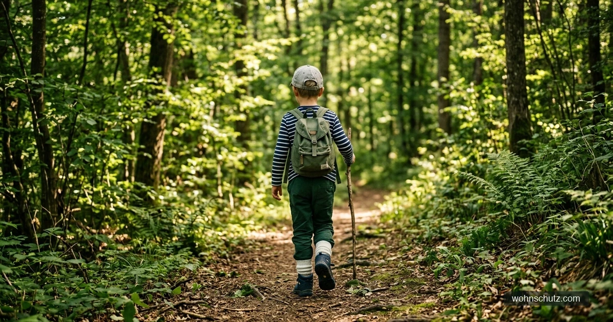 Kind im Wald mit langen Hosen und Stiefeln – Schutzkleidung gegen Zecken