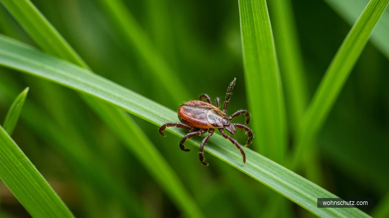 Zecke auf Grashalm im Rasen – Ixodes ricinus auf Lauer